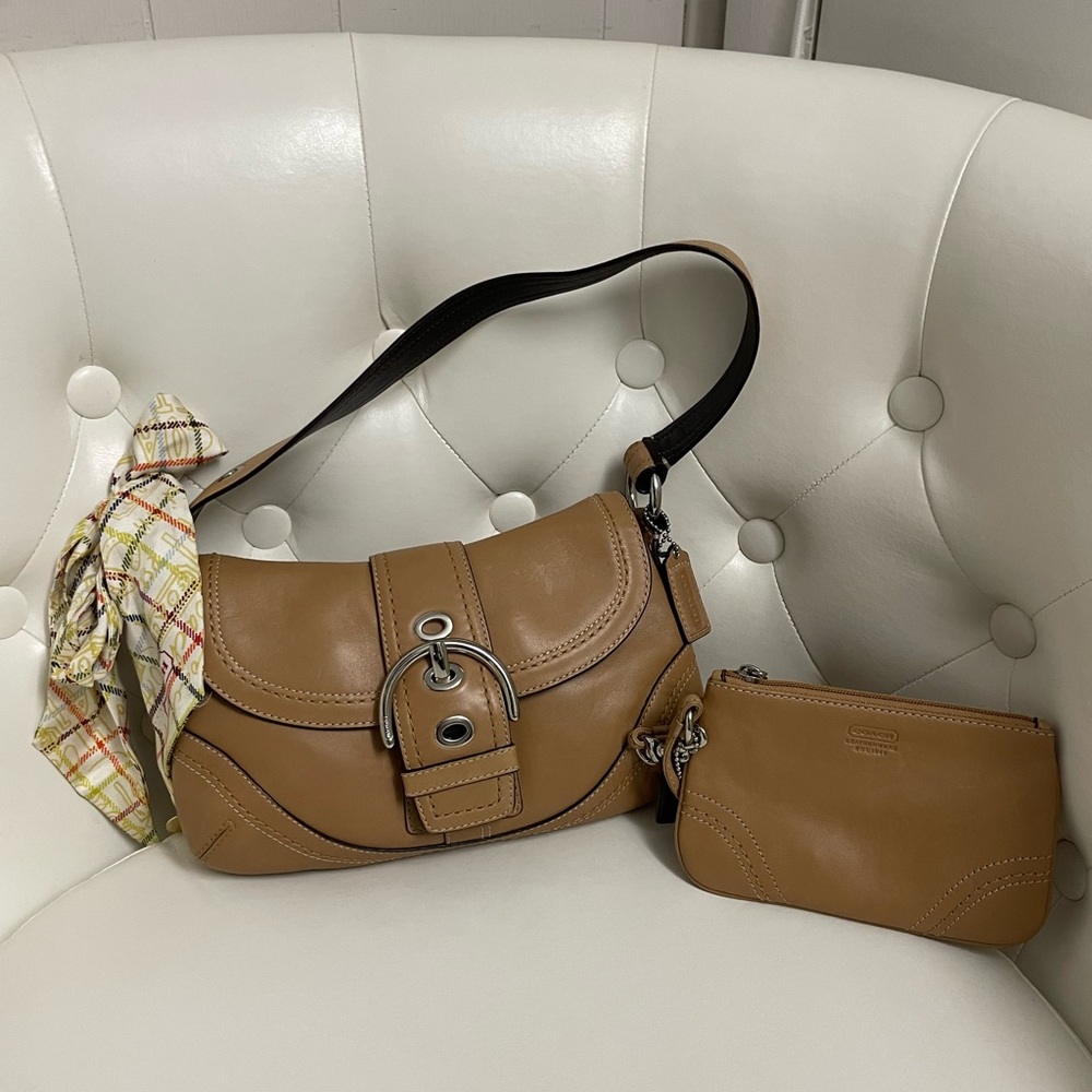 Brown mini Coach Tan Leather Shoulder Bag with Removable Pouch and Scarf